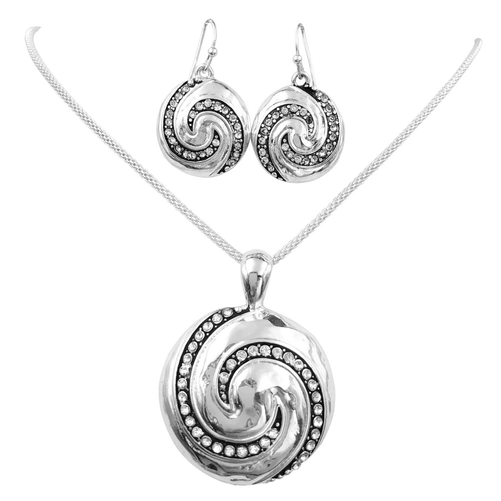 Silver Swirl Medallion Simple Pendant Necklace Earrings Set